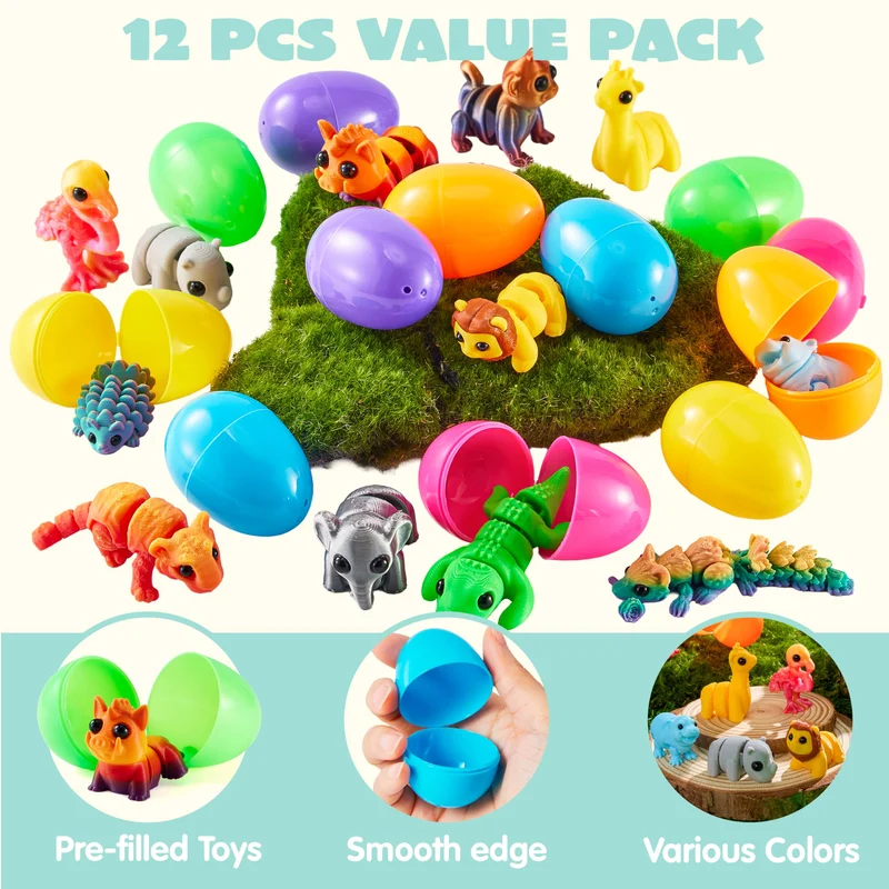 12 Pcs Prefilled Easter Eggs with 3D Articulated Wild Animals for Party Favors & Classroom Prizes