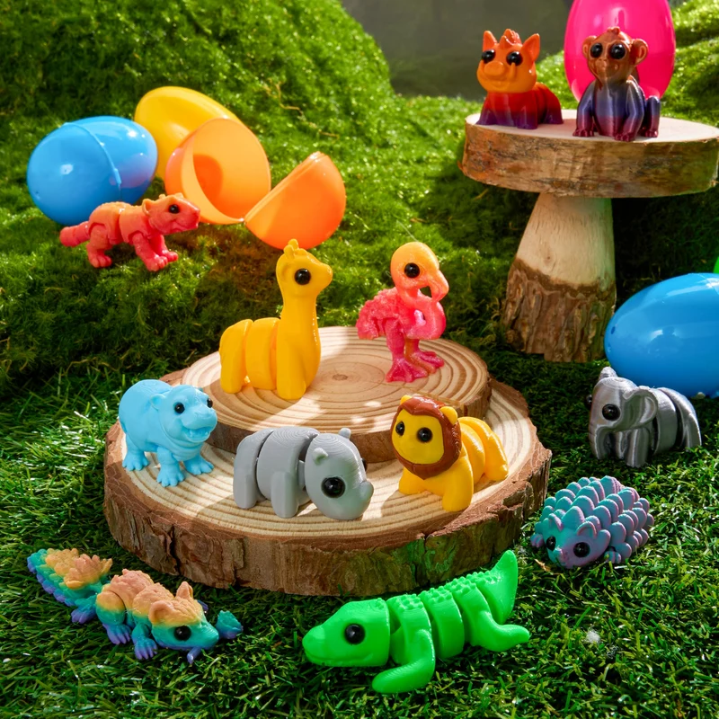 12 Pcs Prefilled Easter Eggs with 3D Articulated Wild Animals for Party Favors & Classroom Prizes