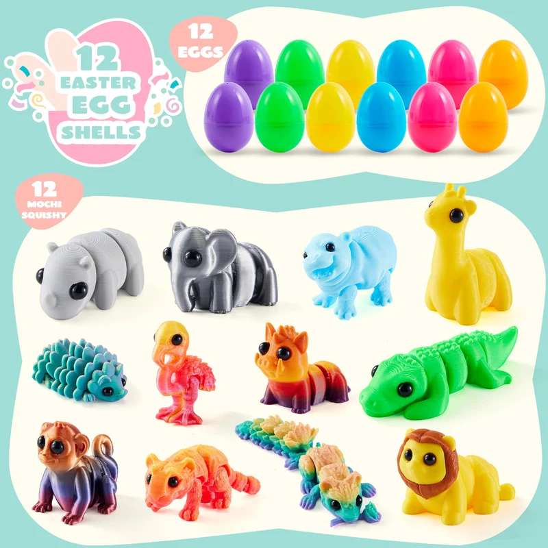 12 Pcs Prefilled Easter Eggs with 3D Articulated Wild Animals for Party Favors & Classroom Prizes