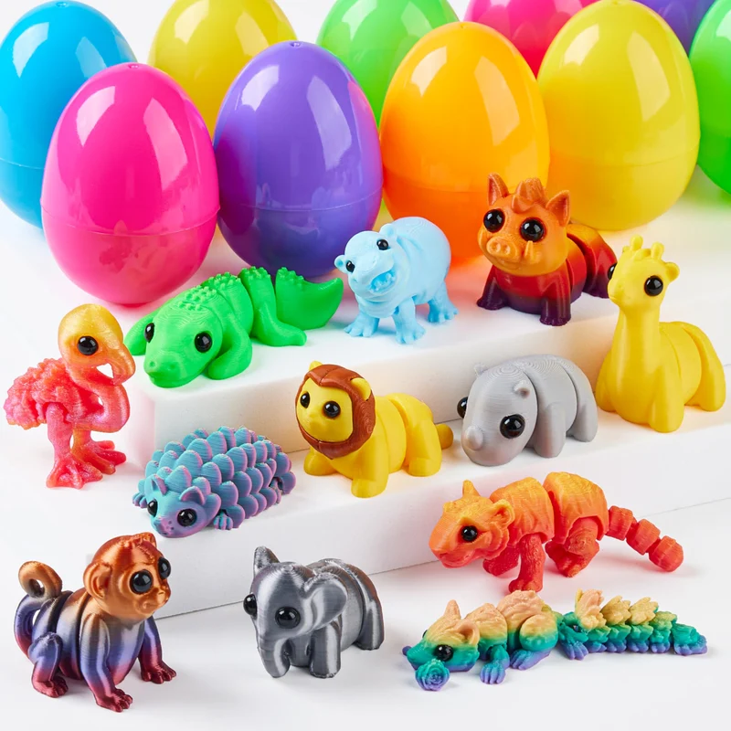 12 Pcs Prefilled Easter Eggs with 3D Articulated Wild Animals for Party Favors & Classroom Prizes