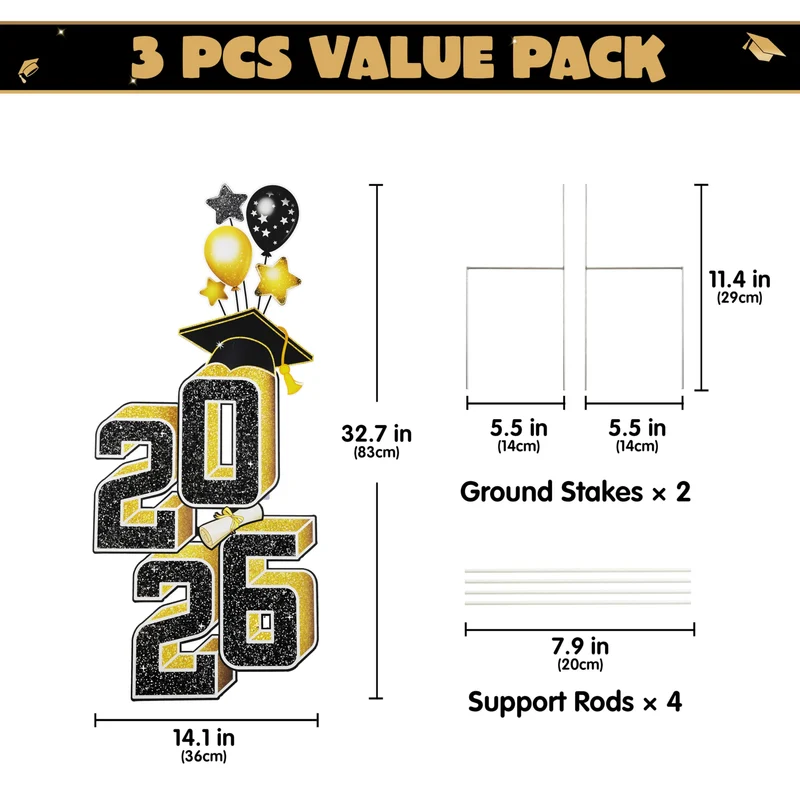 2.8FT Graduation Black & Gold Yard Sign Class of 2026, Graduation Decorations For High School College Graduation Supplies