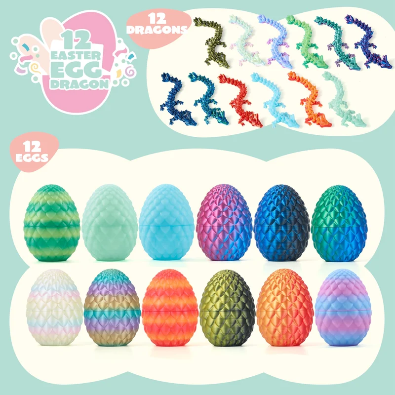 12 Pcs 3D Printed Dragon Eggs Toys for Easter Party, Egg Hunt & Classroom Prizes