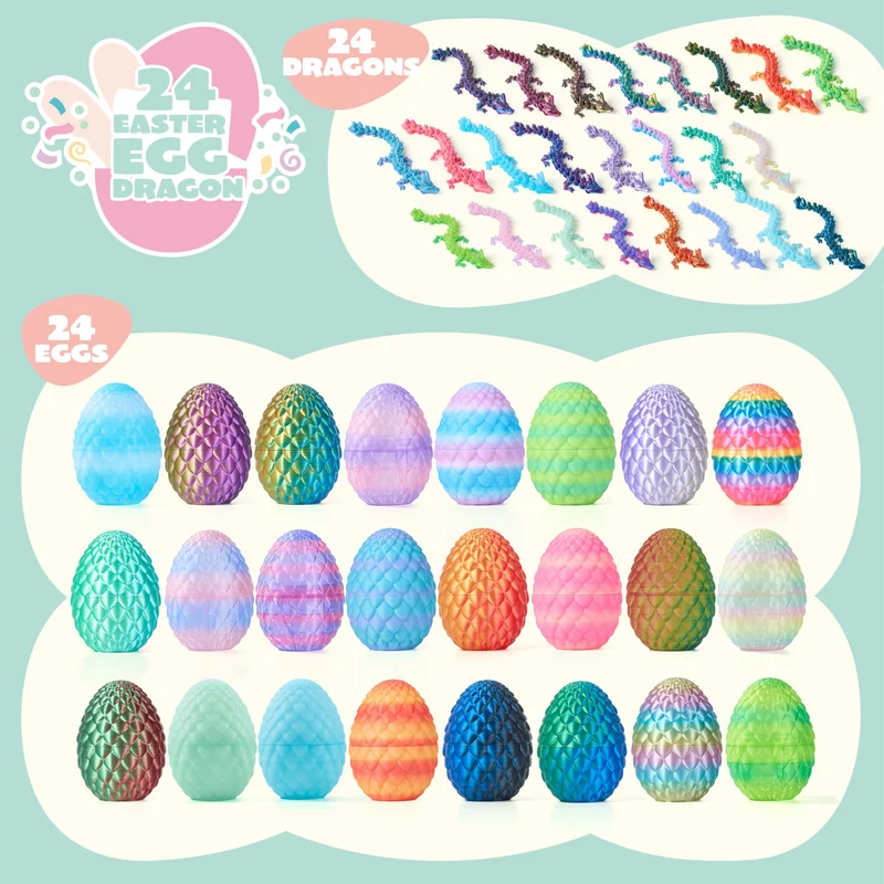 24 Pcs 3D Printed Dragon Eggs Articulated Toys for Easter Party, Egg Hunt & Classroom Prizes