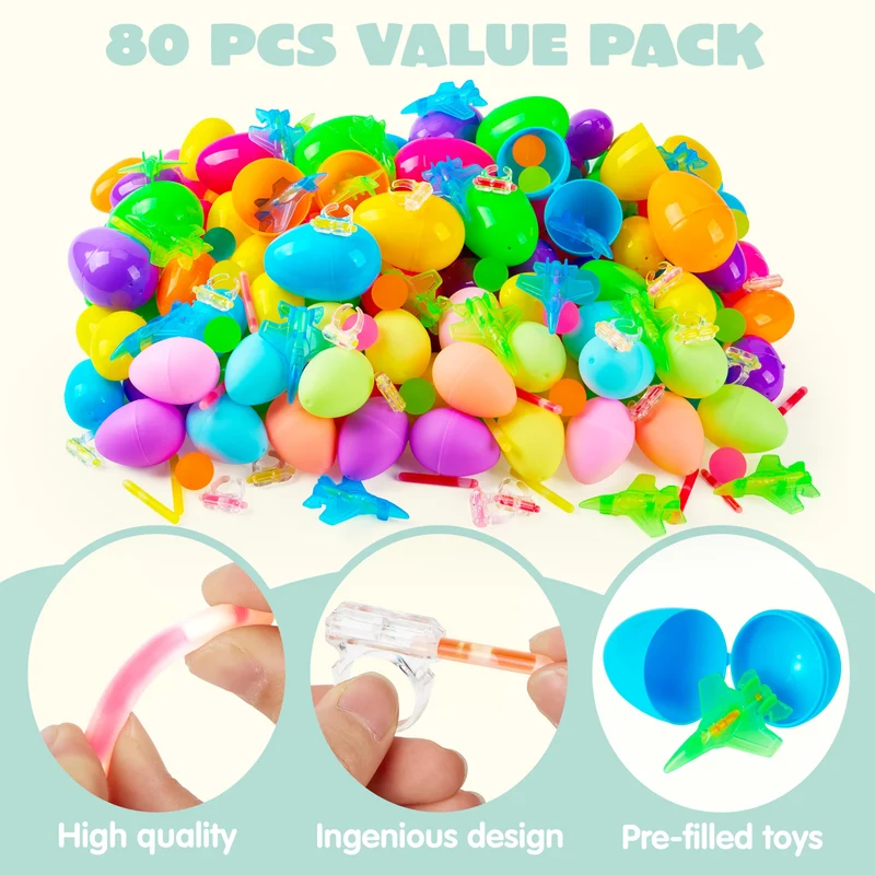 80 Pcs Glow-in-the-Dark Easter Eggs with Toys for Kids Egg Hunt, Party Favors & Class Prizes