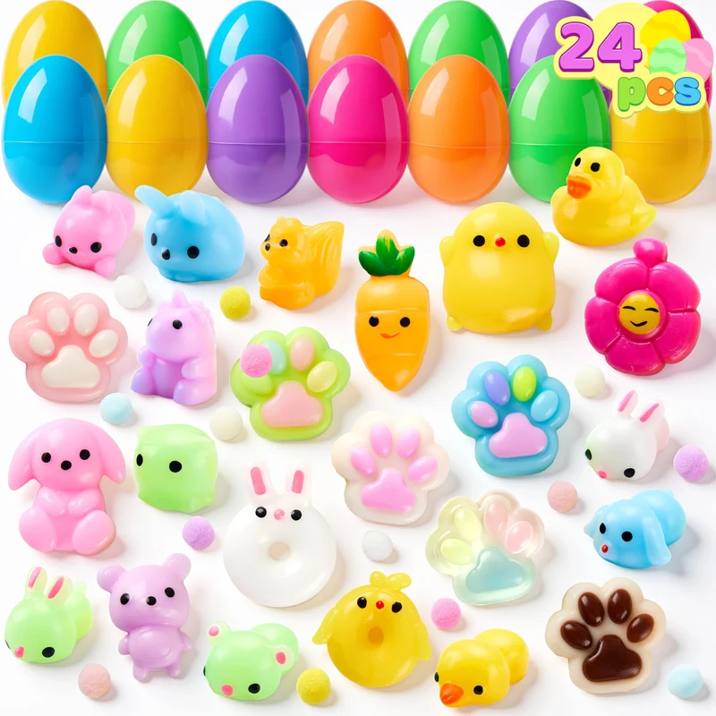 24Pcs Prefilled Easter Eggs with Cute Mochi Squishy Toys for Egg Hunt, Basket Stuffers & Party Favors