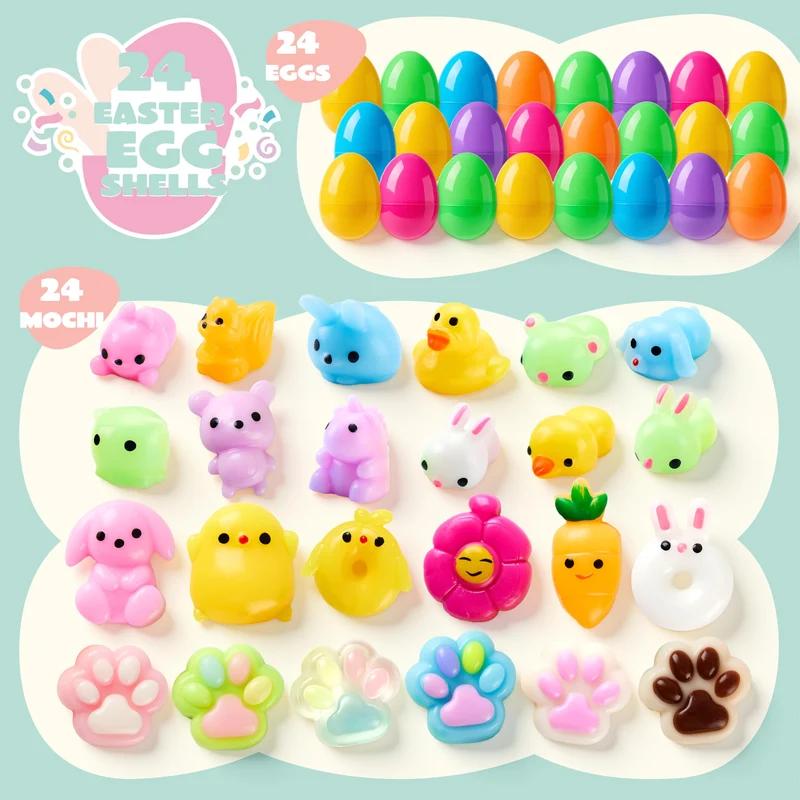 24Pcs Prefilled Easter Eggs with Cute Mochi Squishy Toys for Egg Hunt, Basket Stuffers & Party Favors