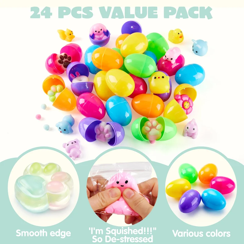 24Pcs Prefilled Easter Eggs with Cute Mochi Squishy Toys for Egg Hunt, Basket Stuffers & Party Favors