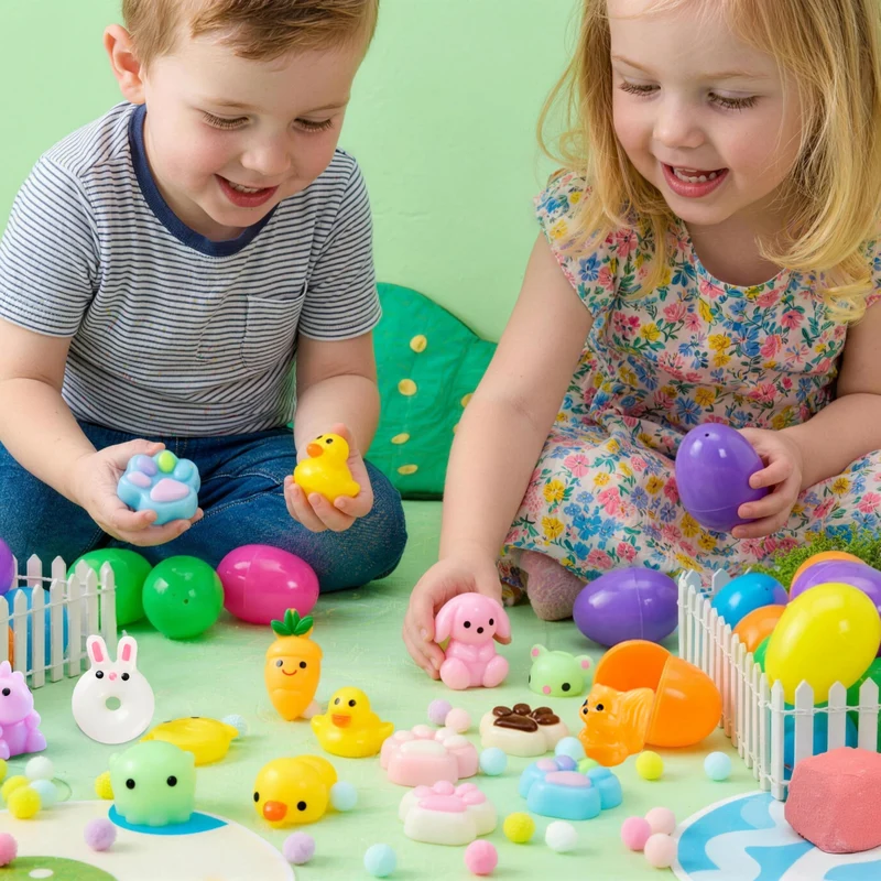 24Pcs Prefilled Easter Eggs with Cute Mochi Squishy Toys for Egg Hunt, Basket Stuffers & Party Favors