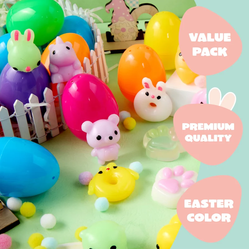24Pcs Prefilled Easter Eggs with Cute Mochi Squishy Toys for Egg Hunt, Basket Stuffers & Party Favors