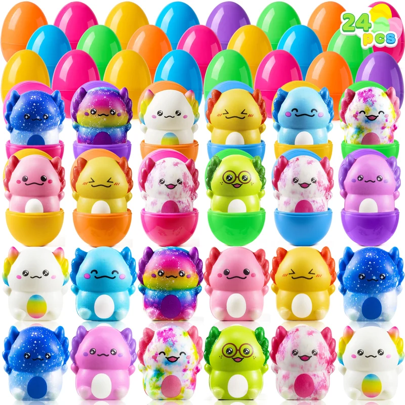 24Pcs Prefilled Easter Eggs with Axolotl Squishy Toys for Egg Hunt, Party Favors & Basket Stuffers