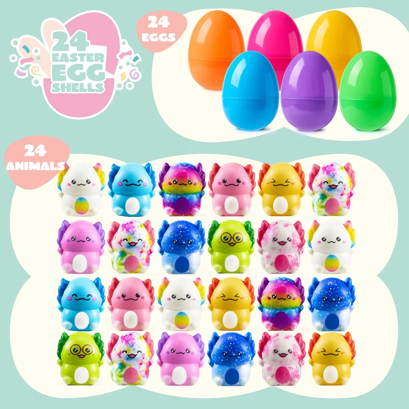 24Pcs Prefilled Easter Eggs with Axolotl Squishy Toys for Egg Hunt, Party Favors & Basket Stuffers