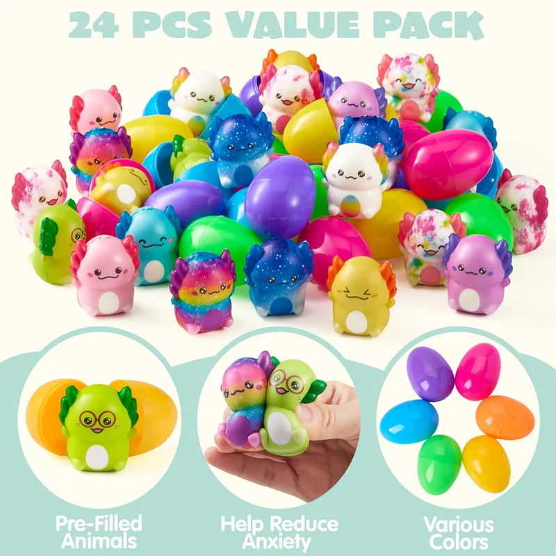 24Pcs Prefilled Easter Eggs with Axolotl Squishy Toys for Egg Hunt, Party Favors & Basket Stuffers