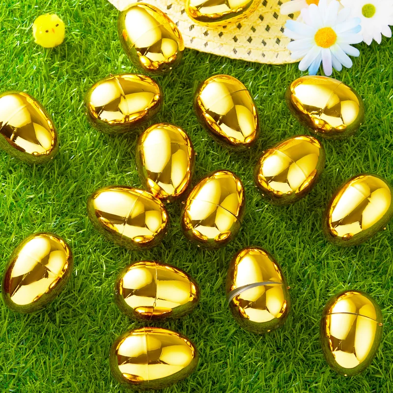 12Pcs Gold Easter Eggs 2.3" Metallic Plastic Empty Eggs Fillable for Easter Hunt