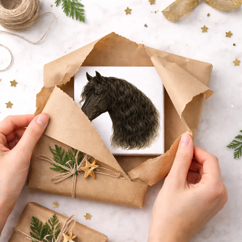 Prächtige Schönheiten Pferde Friese Pferdekopf Holzbild in 10x10 cm zum Stellen oder Aufhängen