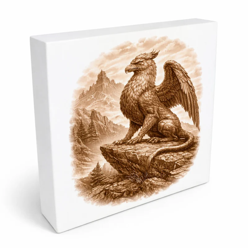 Mythos Freiheit Greif auf Felsen Holzbild in 10x10 cm zum Stellen oder Aufhängen