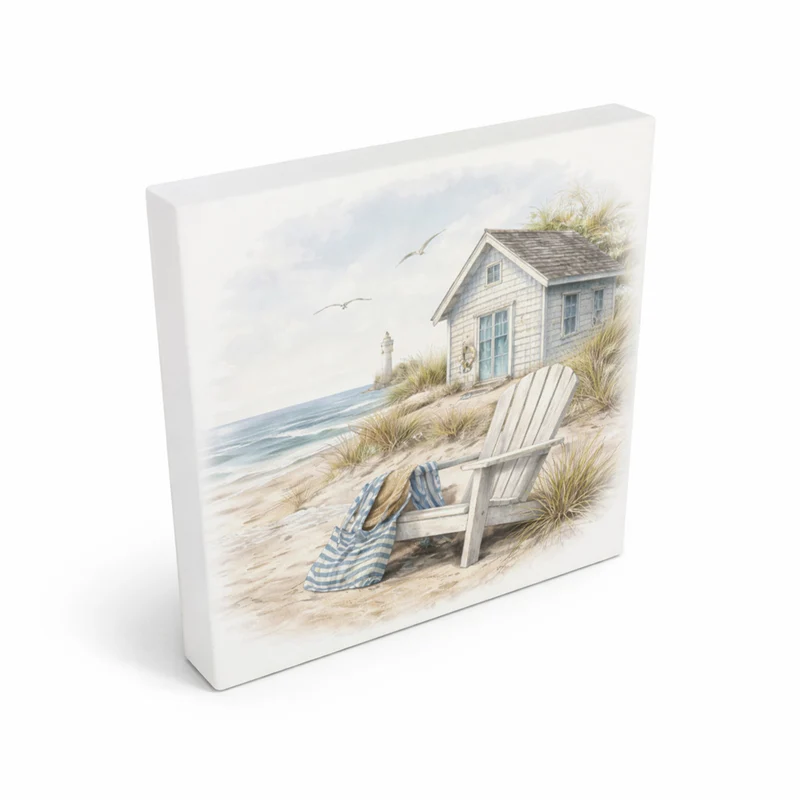 Inselträume Strandhaus am Meer Holzbild in 10x10 cm zum Stellen oder Aufhängen