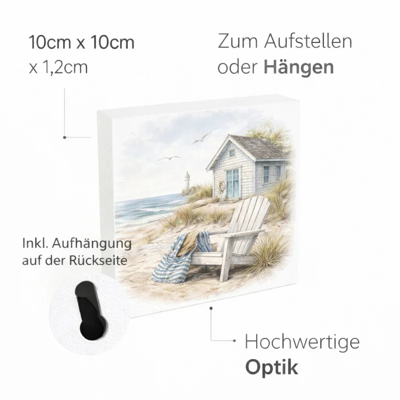 Inselträume Strandhaus am Meer Holzbild in 10x10 cm zum Stellen oder Aufhängen