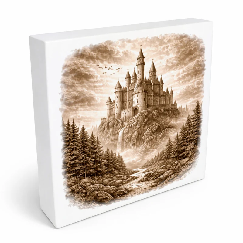 Kämpferisches Erbe Märchenschloss Holzbild in 10x10 cm zum Stellen oder Aufhängen