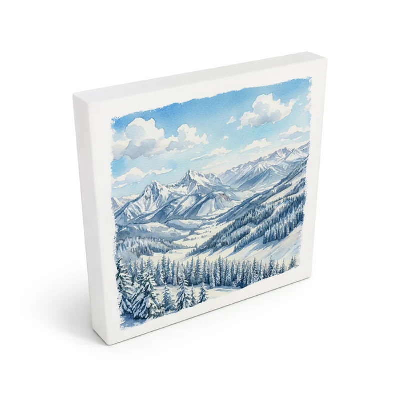 Bergidylle Berglandschaft im Winter Holzbild in 10x10 cm zum Stellen oder Aufhängen