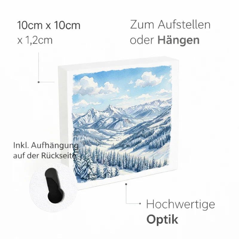 Bergidylle Berglandschaft im Winter Holzbild in 10x10 cm zum Stellen oder Aufhängen