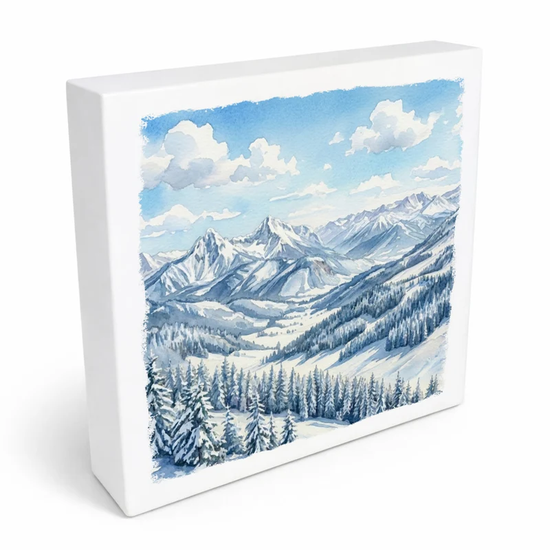 Bergidylle Berglandschaft im Winter Holzbild in 10x10 cm zum Stellen oder Aufhängen