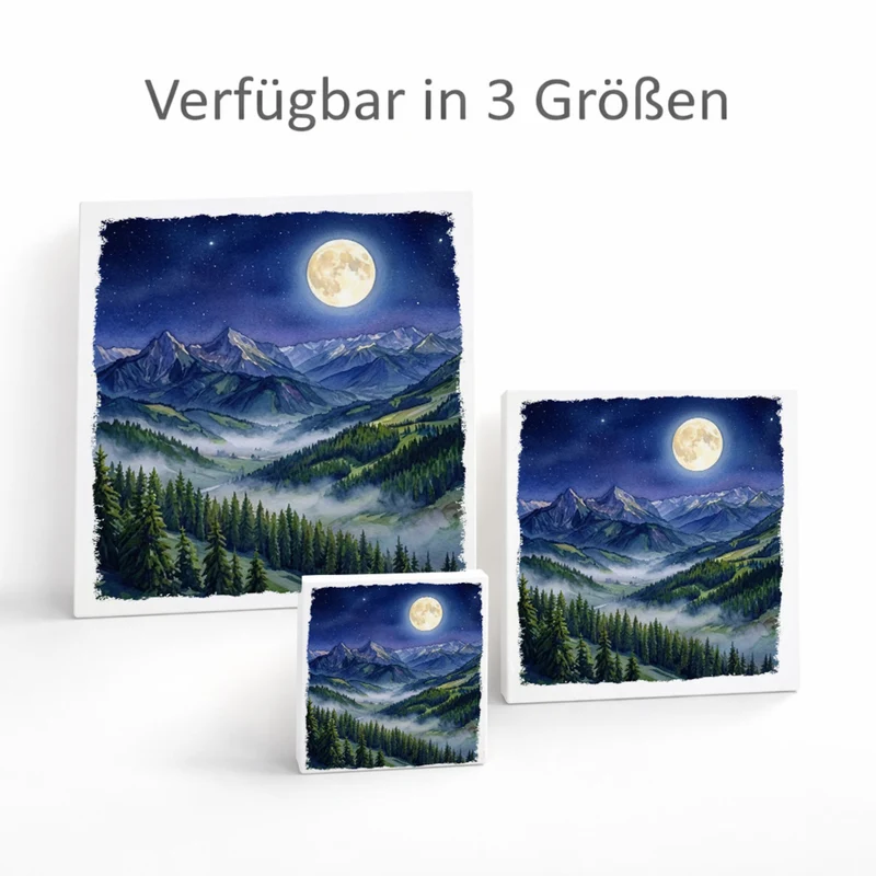 Bergidylle Berglandschaft bei Nacht Holzbild in 10x10 cm zum Stellen oder Aufhängen
