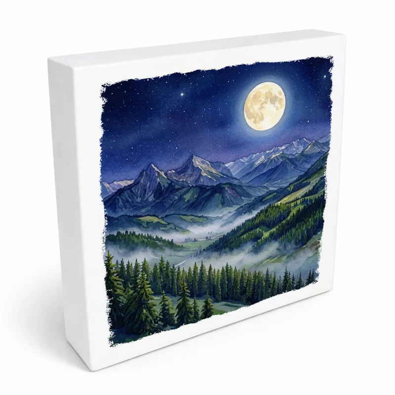 Bergidylle Berglandschaft bei Nacht Holzbild in 10x10 cm zum Stellen oder Aufhängen