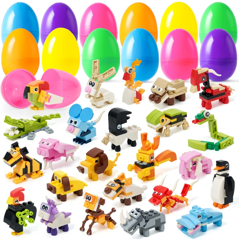 JOYIN 24 Packs Prefilled Easter Eggs with Animal Building Blocks