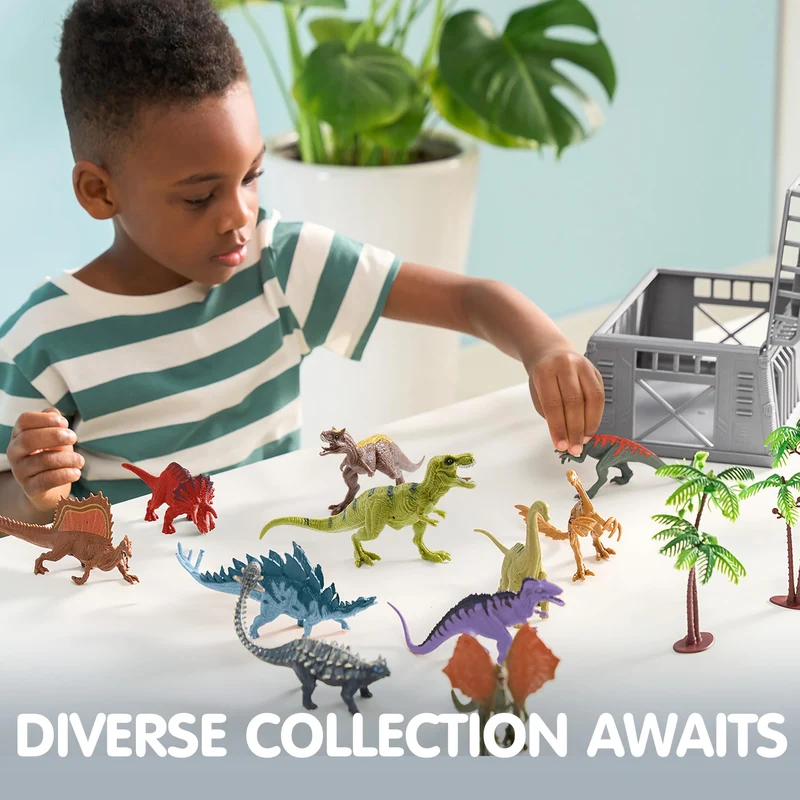 JOYIN 19 Pcs Dinosaur Toys Set with Play Mat & Storage Cage