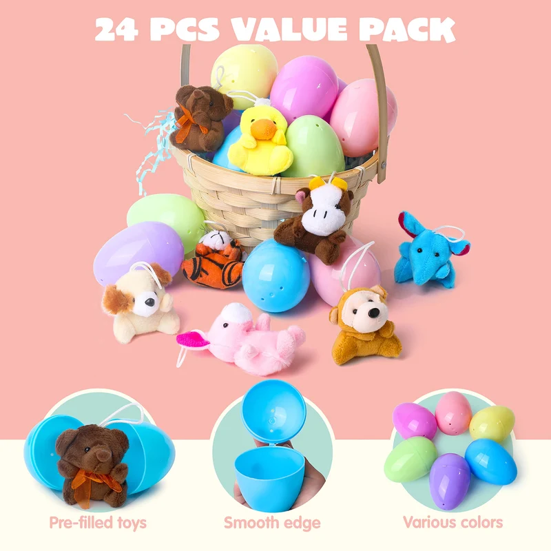24Pcs Prefilled Easter Eggs with Mini Plush Animal Toys for Kids
