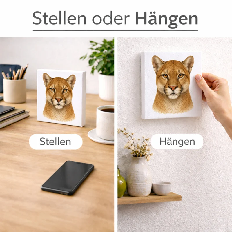 Raubtierblick Puma Porträt Holzbild in 10x10 cm zum Stellen oder Aufhängen