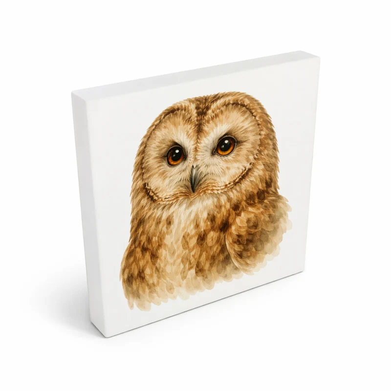 Luft Könige Eulen Porträt Holzbild in 10x10 cm zum Stellen oder Aufhängen
