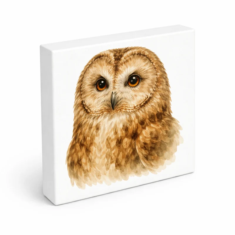 Luft Könige Eulen Porträt Holzbild in 10x10 cm zum Stellen oder Aufhängen