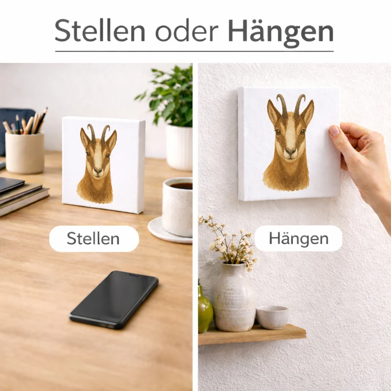 Gipfelliebe Gämse Portrait Holzbild in 10x10 cm zum Stellen oder Aufhängen