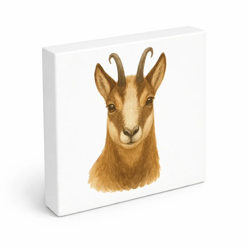 Gipfelliebe Gämse Portrait Holzbild in 10x10 cm zum Stellen oder Aufhängen