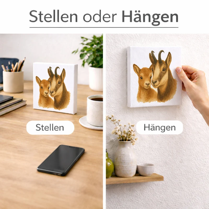 Gipfelliebe Gämse mit Jungtier Holzbild in 10x10 cm zum Stellen oder Aufhängen