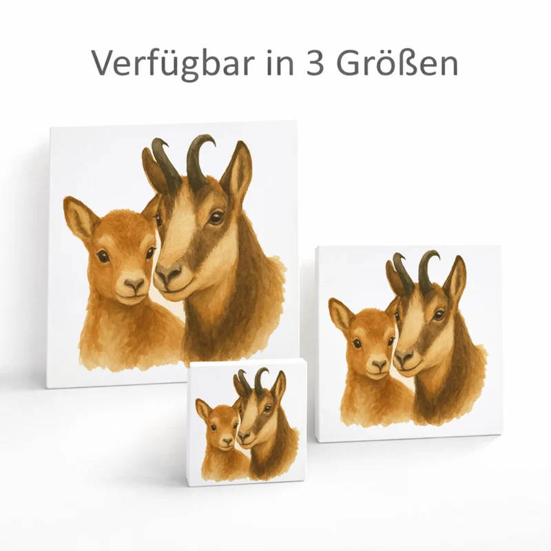 Gipfelliebe Gämse mit Jungtier Holzbild in 10x10 cm zum Stellen oder Aufhängen