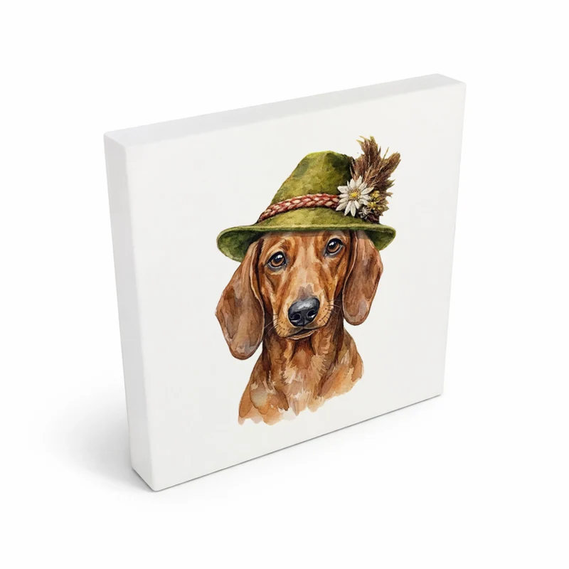 Trachtenhut Trend-Tiere Dackel Holzbild in 10x10 cm zum Stellen oder Aufhängen