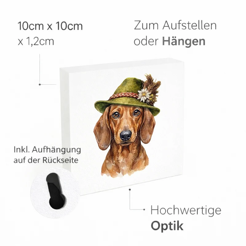 Trachtenhut Trend-Tiere Dackel Holzbild in 10x10 cm zum Stellen oder Aufhängen