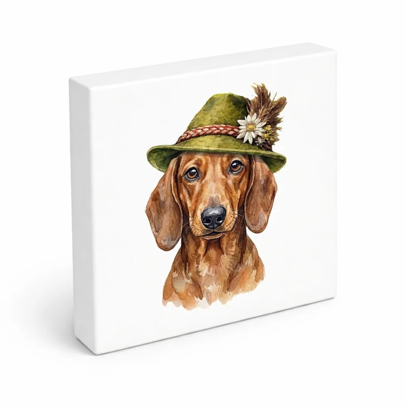 Trachtenhut Trend-Tiere Dackel Holzbild in 10x10 cm zum Stellen oder Aufhängen