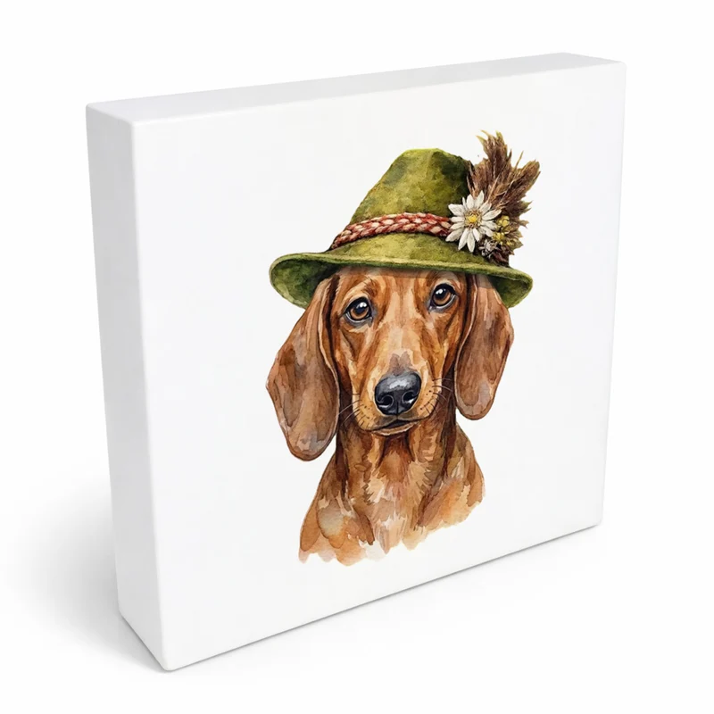 Trachtenhut Trend-Tiere Dackel Holzbild in 10x10 cm zum Stellen oder Aufhängen