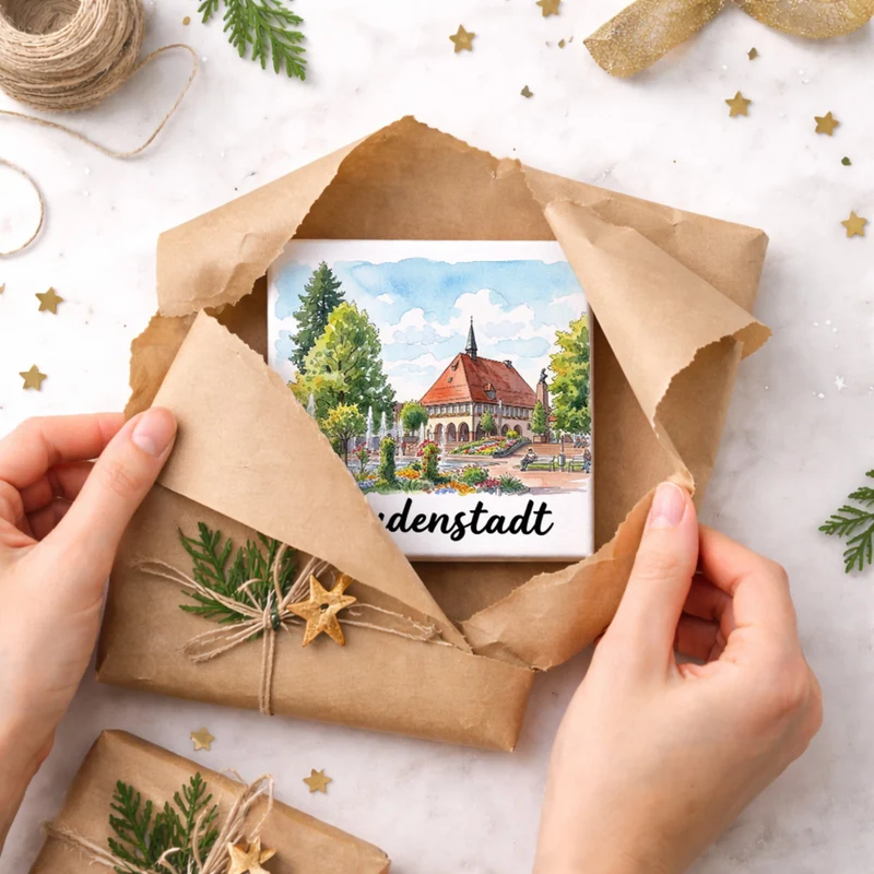 Freudenstadt Holzbild in 10x10 cm zum Stellen oder Aufhängen mit Rathaus-Motiv