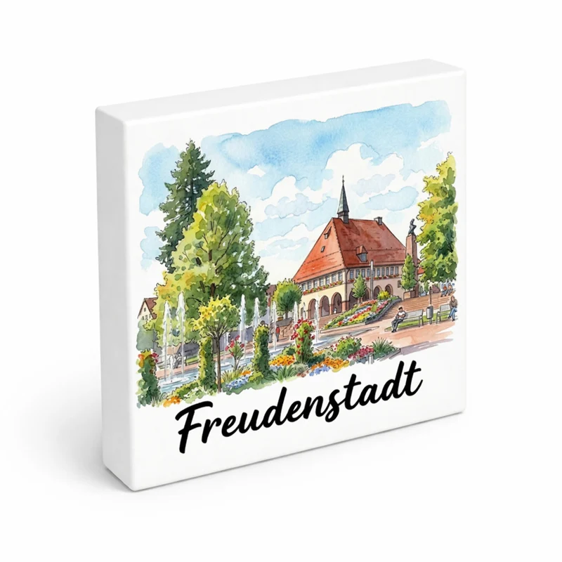 Freudenstadt Holzbild in 10x10 cm zum Stellen oder Aufhängen mit Rathaus-Motiv
