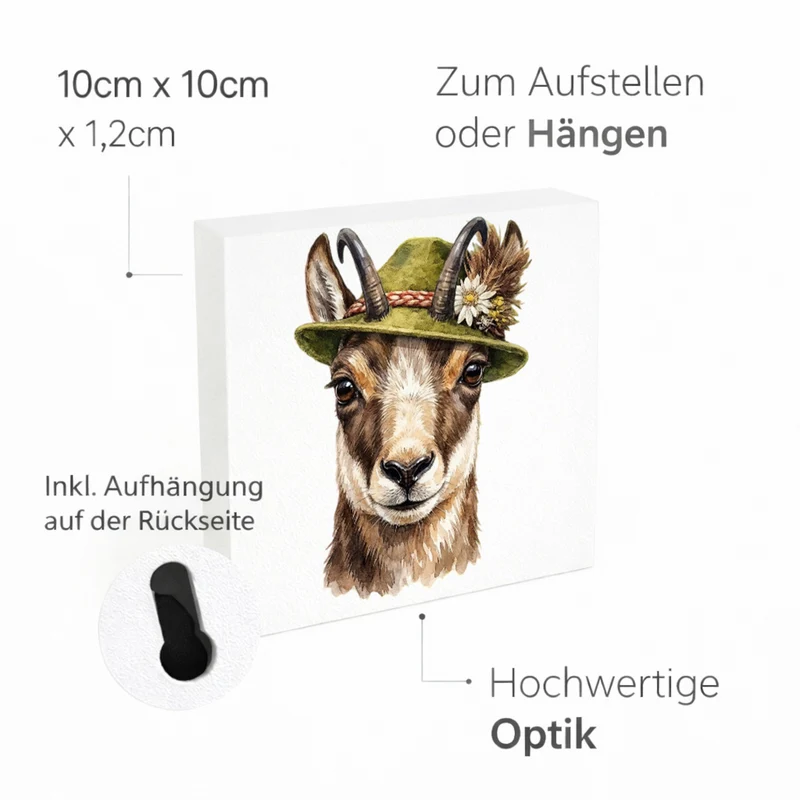 Trachtenhut Berge-Tiere Gämse Holzbild in 10x10 cm zum Stellen oder Aufhängen