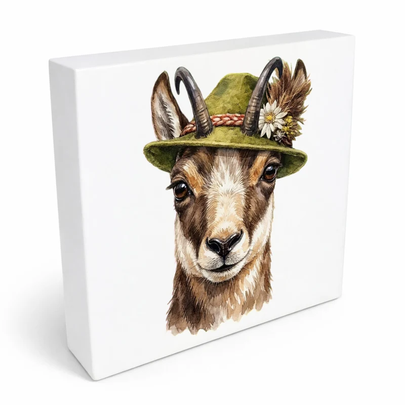 Trachtenhut Berge-Tiere Gämse Holzbild in 10x10 cm zum Stellen oder Aufhängen