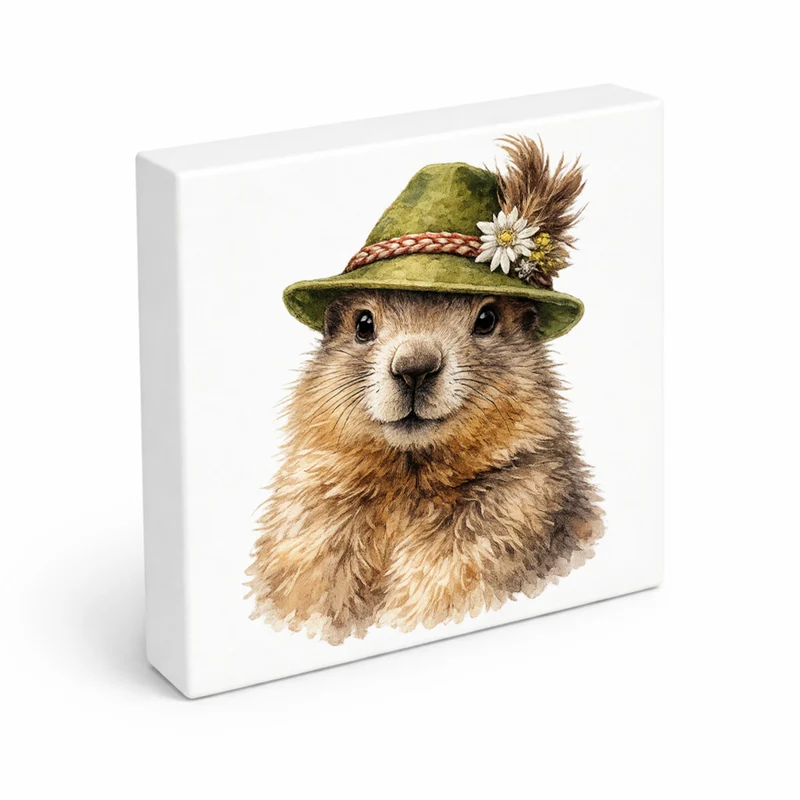 Trachtenhut Berge-Tiere Murmeltier Holzbild in 10x10 cm zum Stellen oder Aufhängen