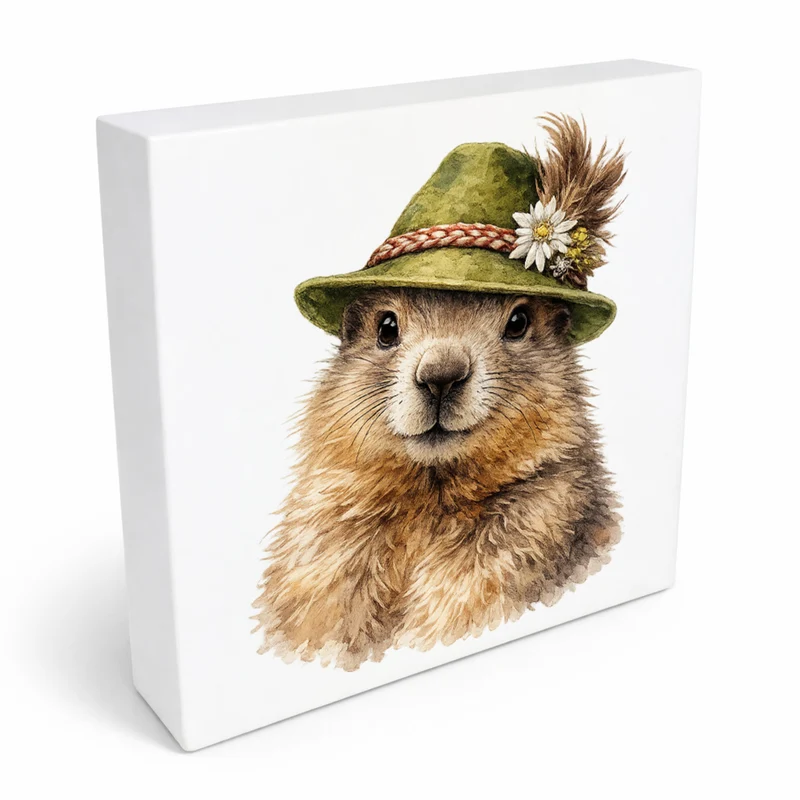 Trachtenhut Berge-Tiere Murmeltier Holzbild in 10x10 cm zum Stellen oder Aufhängen