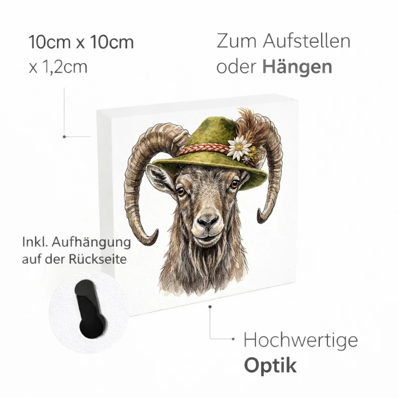 Trachtenhut Berge-Tiere Steinbock Holzbild in 10x10 cm zum Stellen oder Aufhängen