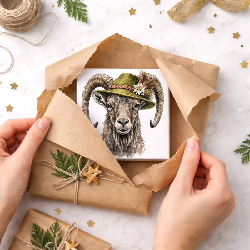 Trachtenhut Berge-Tiere Steinbock Holzbild in 10x10 cm zum Stellen oder Aufhängen