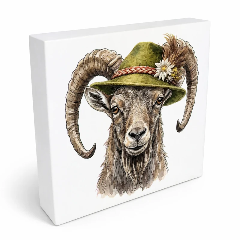 Trachtenhut Berge-Tiere Steinbock Holzbild in 10x10 cm zum Stellen oder Aufhängen